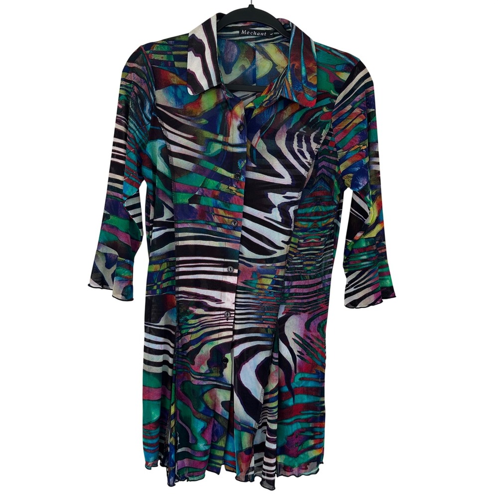 Mechant Y2K Artsy Abstract Zebra Print Sheer Top Mesh Button Down Tunic Women L
